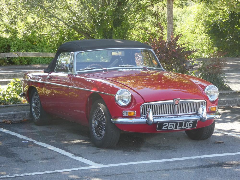 A red MGB roadster parked under the trees